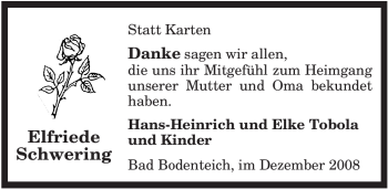 Traueranzeige von Elfriede Schwering von ALLGEMEINE ZEITUNG UELZEN
