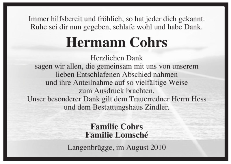  Traueranzeige für Hermann Cohrs vom 07.08.2010 aus ALLGEMEINE ZEITUNG UELZEN