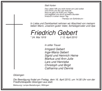 Traueranzeige von Friedrich Gebert von ALLGEMEINE ZEITUNG UELZEN