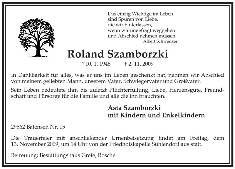  Traueranzeige für Roland Szamborzki vom 07.11.2009 aus ALLGEMEINE ZEITUNG UELZEN