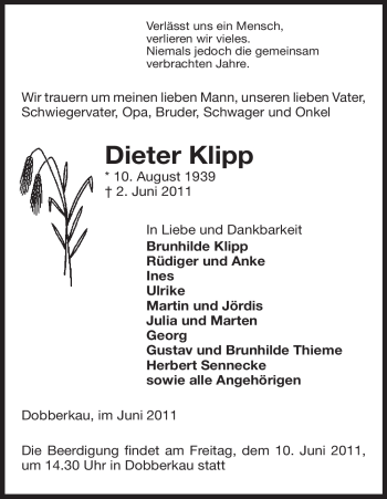 Traueranzeige von Dieter Klipp von ALLGEMEINE ZEITUNG UELZEN