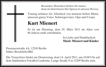 Traueranzeige von Kurt Mienert von ALLGEMEINE ZEITUNG UELZEN