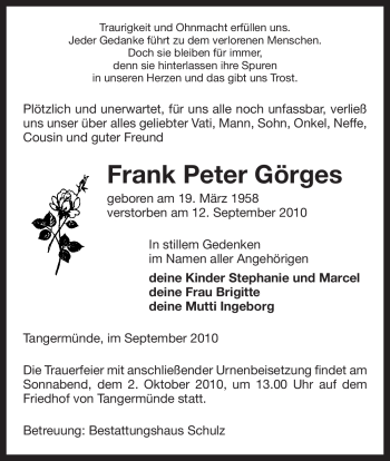 Traueranzeige von Frank Peter Görges von ALLGEMEINE ZEITUNG UELZEN