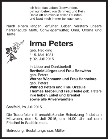 Traueranzeige von Irma Peters von Uelzen