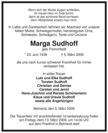 Traueranzeige von Marga Sudhoff von ALLGEMEINE ZEITUNG UELZEN