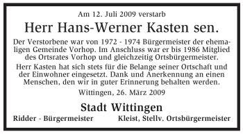 Traueranzeige von Hans-Werner Kasten von ALLGEMEINE ZEITUNG UELZEN