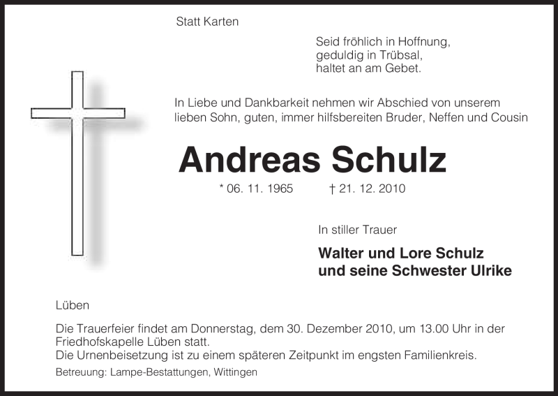  Traueranzeige für Andreas Schulz vom 23.12.2010 aus ALLGEMEINE ZEITUNG UELZEN