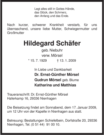 Traueranzeige von Hildegard Schäfer von ALLGEMEINE ZEITUNG UELZEN