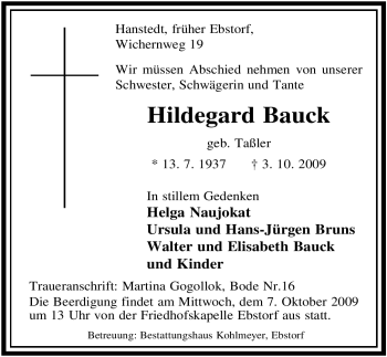 Traueranzeige von Hildegard Bauck von ALLGEMEINE ZEITUNG UELZEN