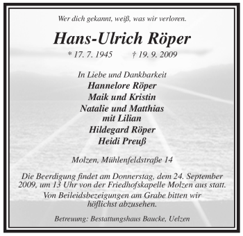 Traueranzeige von Hans-Ulrich Röper von ALLGEMEINE ZEITUNG UELZEN