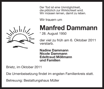 Traueranzeige von Manfred Dammann von ALLGEMEINE ZEITUNG UELZEN