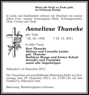 Traueranzeige von Anneliese Thuneke von ALLGEMEINE ZEITUNG UELZEN