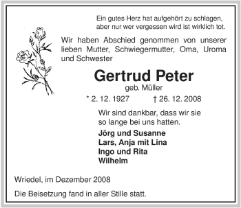 Traueranzeige von Gertrud Peter von ALLGEMEINE ZEITUNG UELZEN