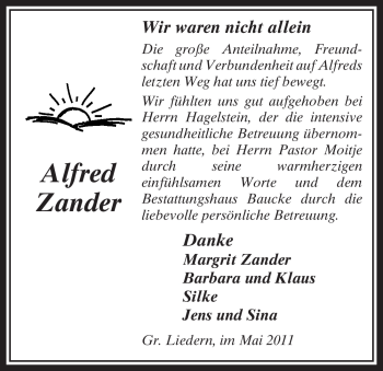 Traueranzeige von Alfred Zander von ALLGEMEINE ZEITUNG UELZEN