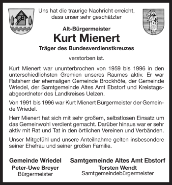 Traueranzeige von Kurt Mienert von ALLGEMEINE ZEITUNG UELZEN