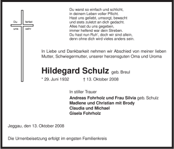 Traueranzeige von Hildegard Schulz von ALLGEMEINE ZEITUNG UELZEN