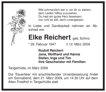 Traueranzeige von Elke Reichert von ALLGEMEINE ZEITUNG UELZEN