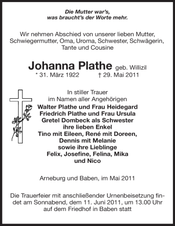 Traueranzeige von Johanna Plathe von ALLGEMEINE ZEITUNG UELZEN