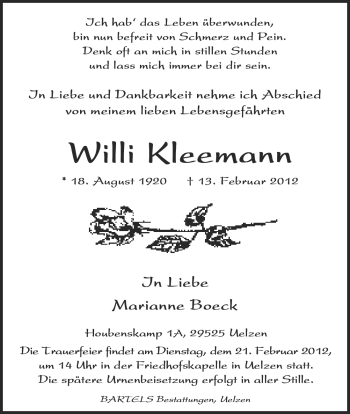 Traueranzeige von Willi Kleemann von ALLGEMEINE ZEITUNG UELZEN