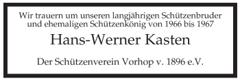 Traueranzeige von Hans-Werner Kasten von ALLGEMEINE ZEITUNG UELZEN