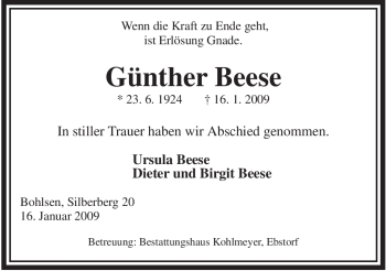 Traueranzeige von Günther Beese von ALLGEMEINE ZEITUNG UELZEN