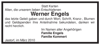 Traueranzeige von Werner Engels von ALLGEMEINE ZEITUNG UELZEN