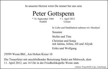 Traueranzeige von Peter Gottspenn von ALLGEMEINE ZEITUNG UELZEN