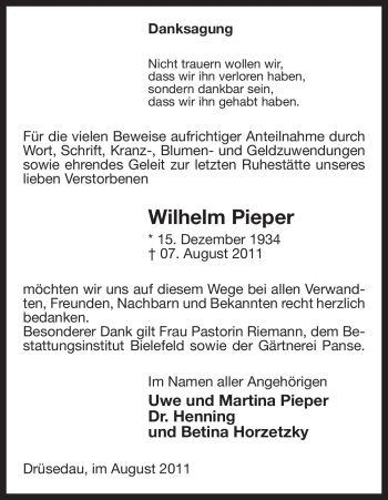 Traueranzeige von Wilhelm Pieper von ALLGEMEINE ZEITUNG UELZEN