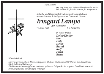 Traueranzeige von Irmgard Lampe von ALLGEMEINE ZEITUNG UELZEN