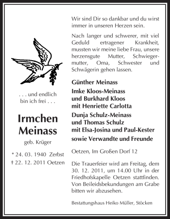 Traueranzeige von Irmchen Meinass von ALLGEMEINE ZEITUNG UELZEN