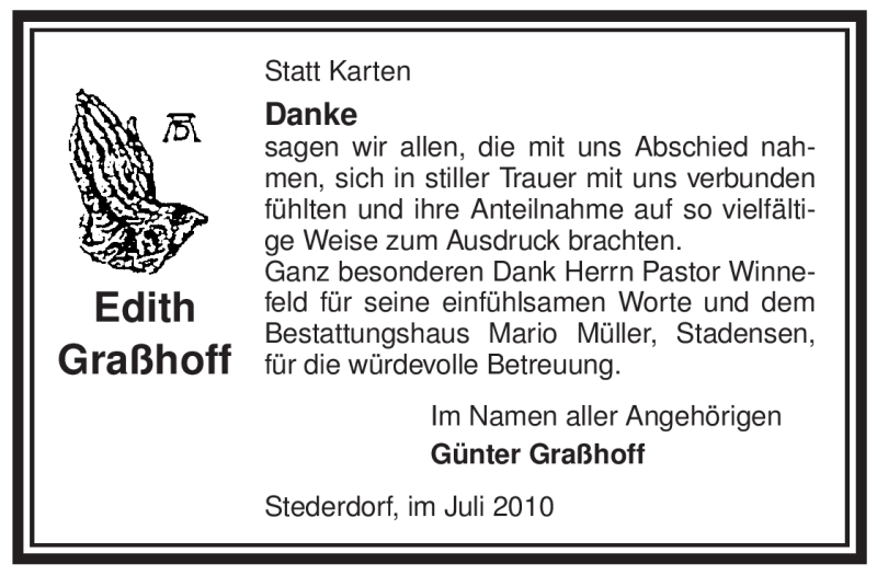  Traueranzeige für Edith Graßhoff vom 31.07.2010 aus ALLGEMEINE ZEITUNG UELZEN