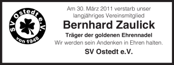 Traueranzeige von Bernhard Zaulick von ALLGEMEINE ZEITUNG UELZEN