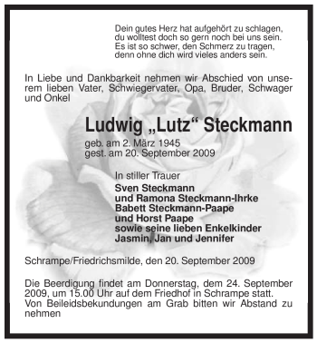 Traueranzeige von Ludwig Steckmann von ALLGEMEINE ZEITUNG UELZEN