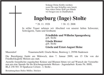 Traueranzeige von Ingeburg Stolte von ALLGEMEINE ZEITUNG UELZEN