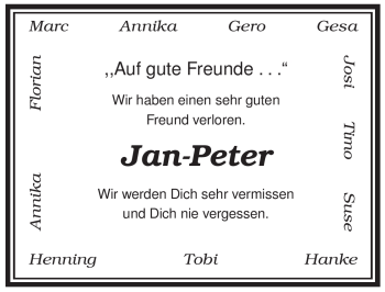 Traueranzeige von Jan-Peter Unbekannt von ALLGEMEINE ZEITUNG UELZEN