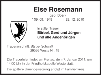 Traueranzeige von Else Rosemann von ALLGEMEINE ZEITUNG UELZEN