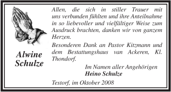 Traueranzeige von Alwine Schulze von ALLGEMEINE ZEITUNG UELZEN