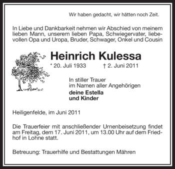 Traueranzeige von Heinrich Kulessa von ALLGEMEINE ZEITUNG UELZEN