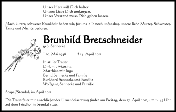 Traueranzeige von Brunhild Bretschneider von ALLGEMEINE ZEITUNG UELZEN