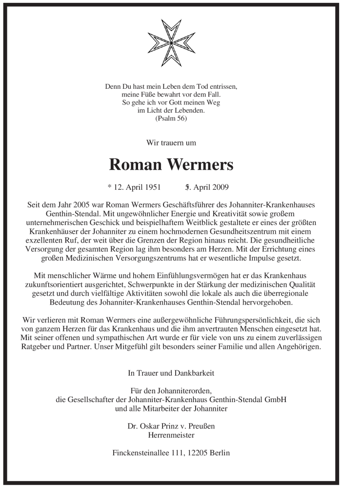  Traueranzeige für Roman Wermers vom 11.04.2009 aus ALLGEMEINE ZEITUNG UELZEN