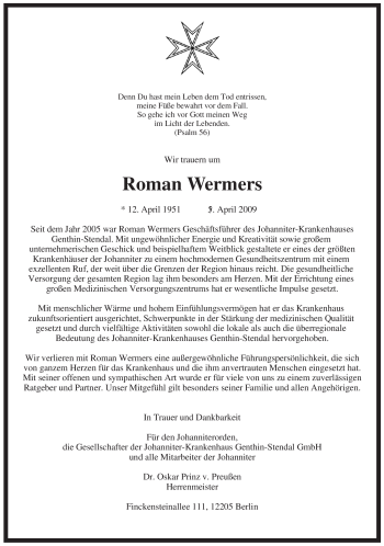 Traueranzeige von Roman Wermers von ALLGEMEINE ZEITUNG UELZEN