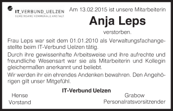 Traueranzeige von Anja Leps von Uelzen