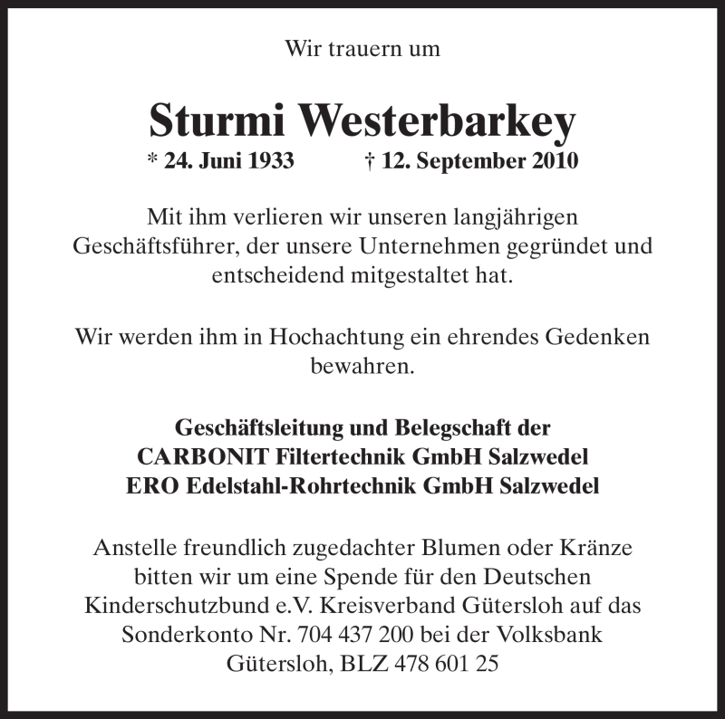  Traueranzeige für Sturmi Westerbarkey vom 18.09.2010 aus ALLGEMEINE ZEITUNG UELZEN
