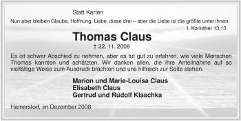 Traueranzeige von Thomas Claus von ALLGEMEINE ZEITUNG UELZEN