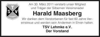 Traueranzeige von Harald Maasberg von ALLGEMEINE ZEITUNG UELZEN