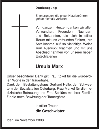 Traueranzeige von Ursula Marx von ALLGEMEINE ZEITUNG UELZEN