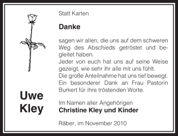 Traueranzeige von Uwe Kley von ALLGEMEINE ZEITUNG UELZEN