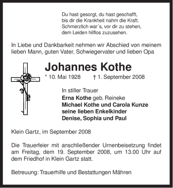 Traueranzeige von Johannes Kothe von ALLGEMEINE ZEITUNG UELZEN