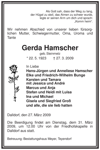 Traueranzeige von Gerda Hamscher von ALLGEMEINE ZEITUNG UELZEN