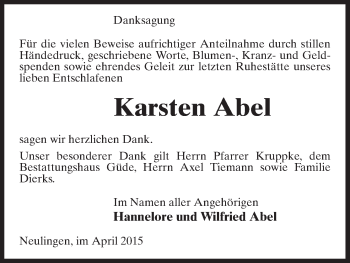 Traueranzeige von Karsten Abel von Uelzen